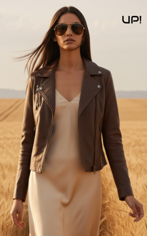 Giacca Chiodo Biker Donna in Nappa Nuvolato Moro| Jerry UP222